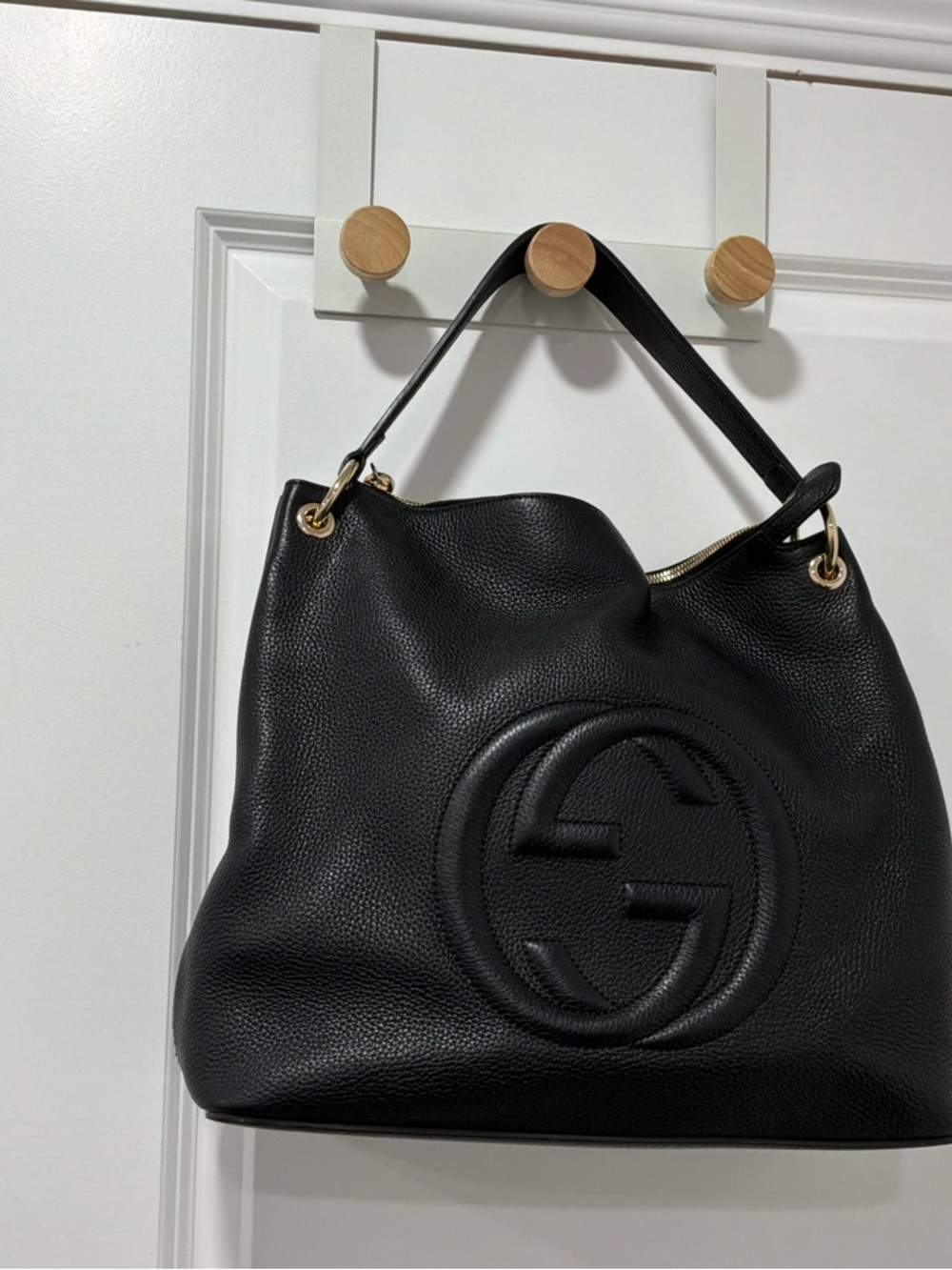 Black Leather Hobo Bag with Embossed Logo